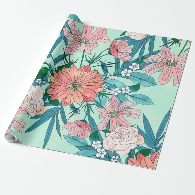 Boho chic spring garden flowers illustration wrapping paper (Unrolled)