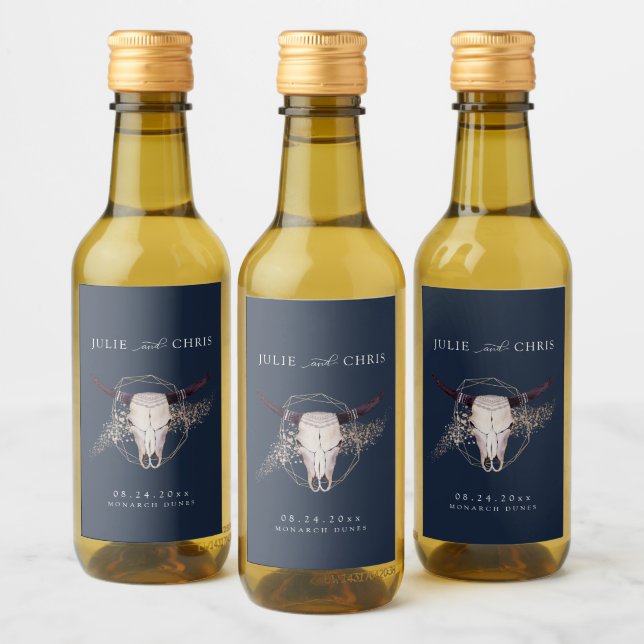 Boho Chic Steer Skull Wedding Wine Label (Bottles)