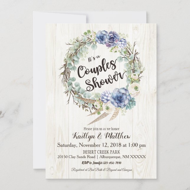 Boho Chic Succulent Eucalyptus Couples Shower Invitation (Front)