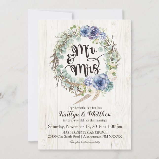 Boho Chic Succulents Eucalyptus Rustic Wedding Invitation (Front)