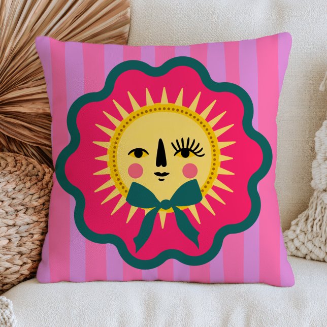 Boho Chic Sun Face Colourful Maximalist Striped Cushion (Creator Uploaded)