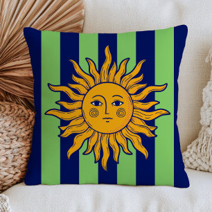 Boho Chic Sun Face Navy Blue& Green Stripes Retro Cushion