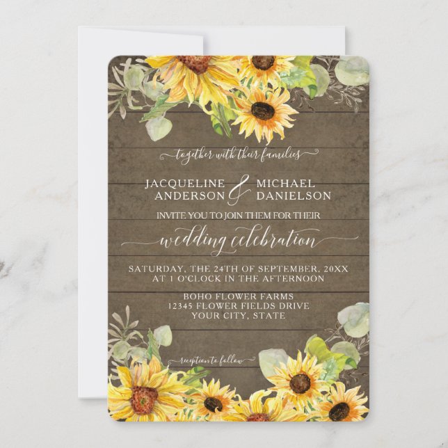 BOHO Chic Sunflower Floral Eucalyptus Leaf Wedding Invitation (Front)