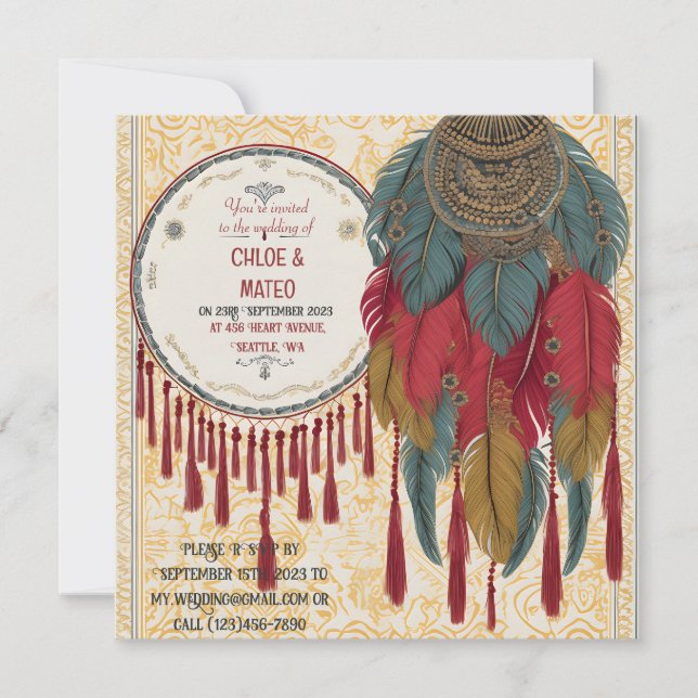 Boho chic tassels, feathers and knots wedding invitation (Front)