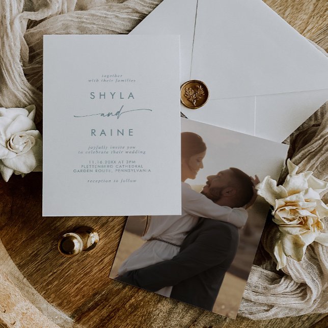 Boho Chic Teal and White Casual Photo Wedding Invitation (Creator Uploaded)