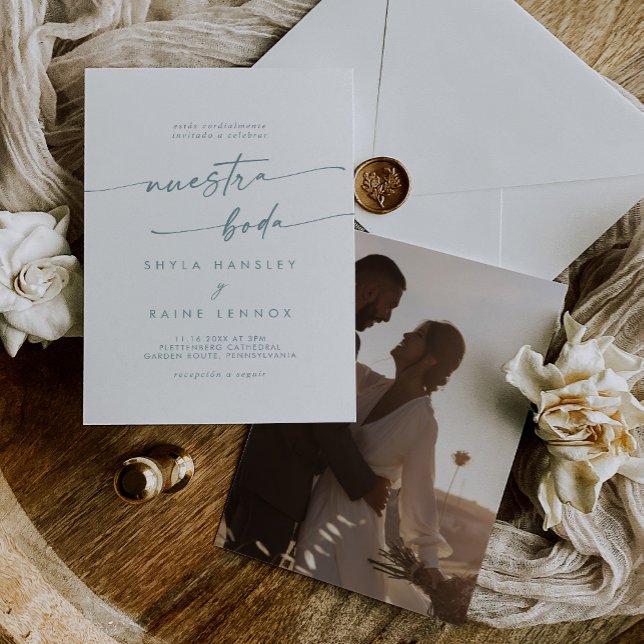 Boho Chic Teal and White Photo Spanish Wedding Invitation (Creator Uploaded)