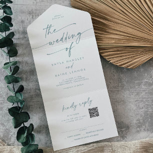 Boho Chic Teal and White QR Code Mail In Wedding All In One Invitation