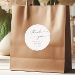 Boho Chic Teal and White Thank You Wedding Favour Classic Round Sticker<br><div class="desc">This boho chic teal and white thank you wedding favour classic round sticker is perfect for a minimalist wedding. The blue green and white modern bohemian design features simple rustic calligraphy with a unique yet classic style reminiscent of the coastal beach and a summer ocean cruise. Personalise your favour stickers...</div>