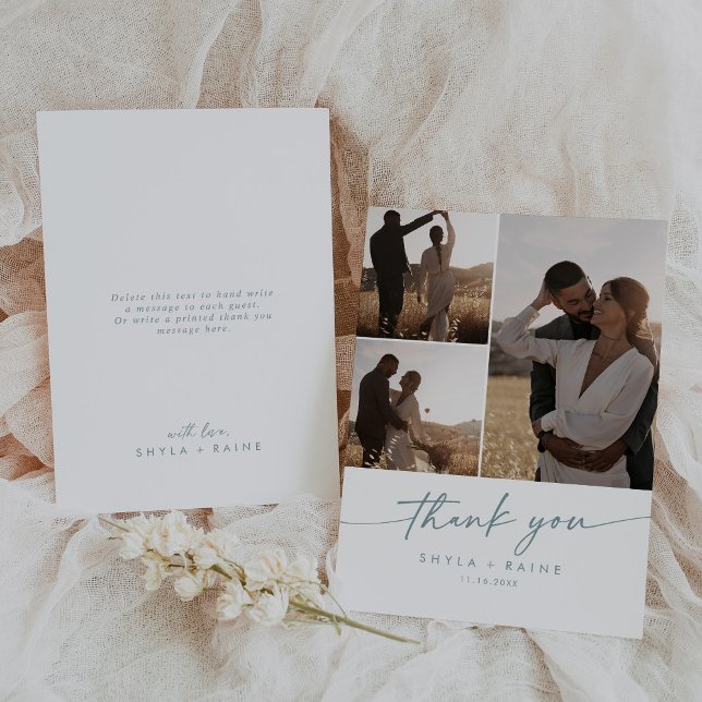 Boho Chic Teal and White Wedding Photo Collage Thank You Card (Creator Uploaded)