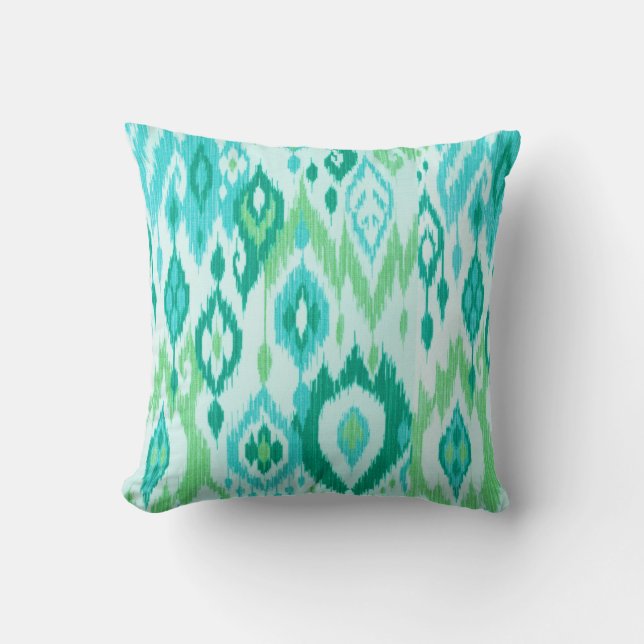 Boho Chic teal aqua green Ikat Tribal Tapestry Cushion (Front)