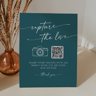 Boho Chic Teal Blue Capture the Love Wedding Pedestal Sign