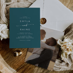 Boho Chic Teal Blue Casual Photo Wedding Invitation