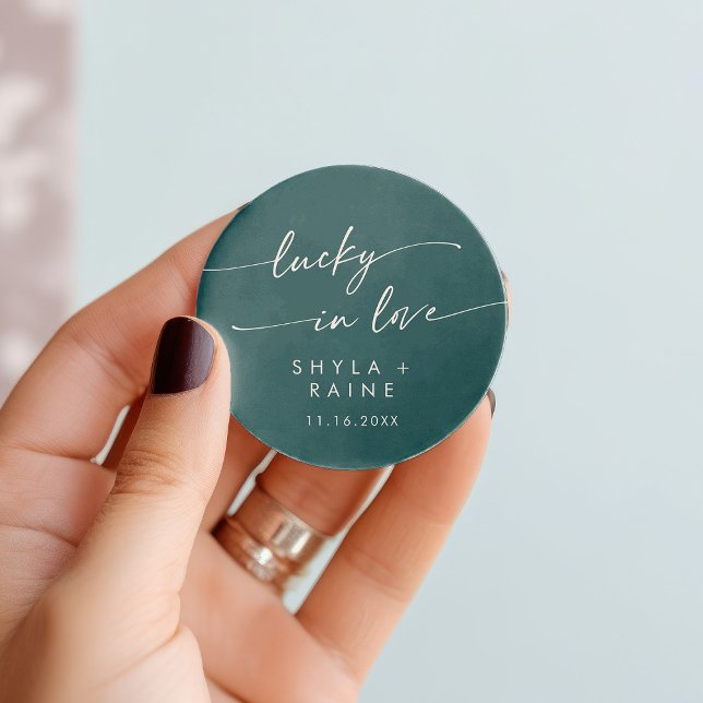 Boho Chic Teal Blue Lucky In Love Favour Classic Round Sticker (Creator Uploaded)