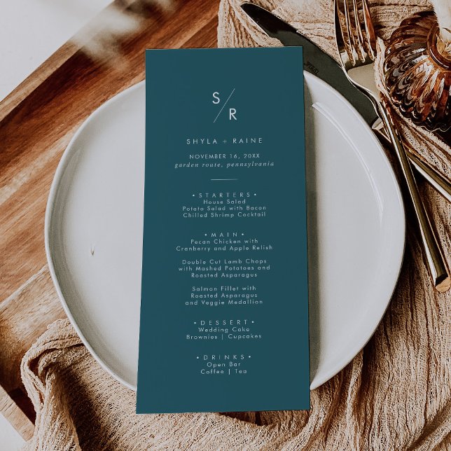 Boho Chic Teal Blue Monogram Wedding Menu (Creator Uploaded)