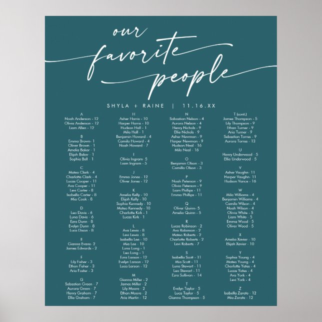 Boho Chic Teal Blue Printable Seating Chart (Front)