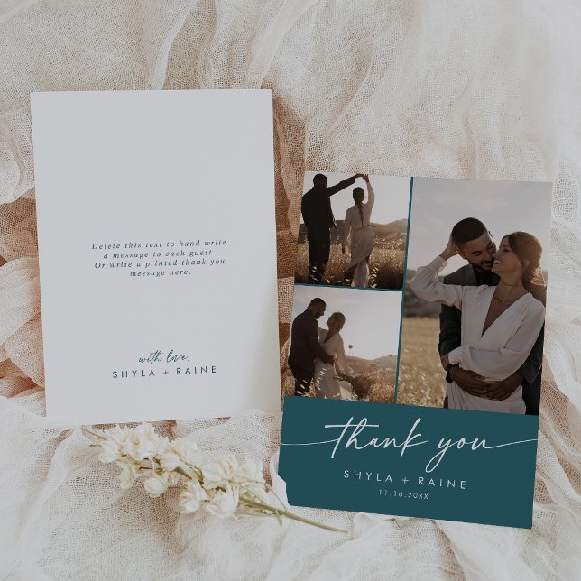 Boho Chic Teal Blue Wedding Photo Collage Thank You Card (Creator Uploaded)