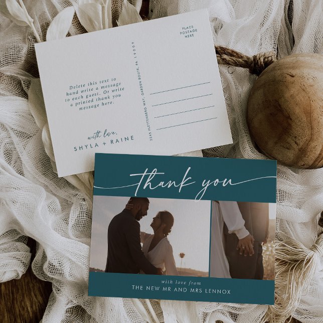 Boho Chic Teal Blue Wedding Photo Thank You Postcard (Creator Uploaded)