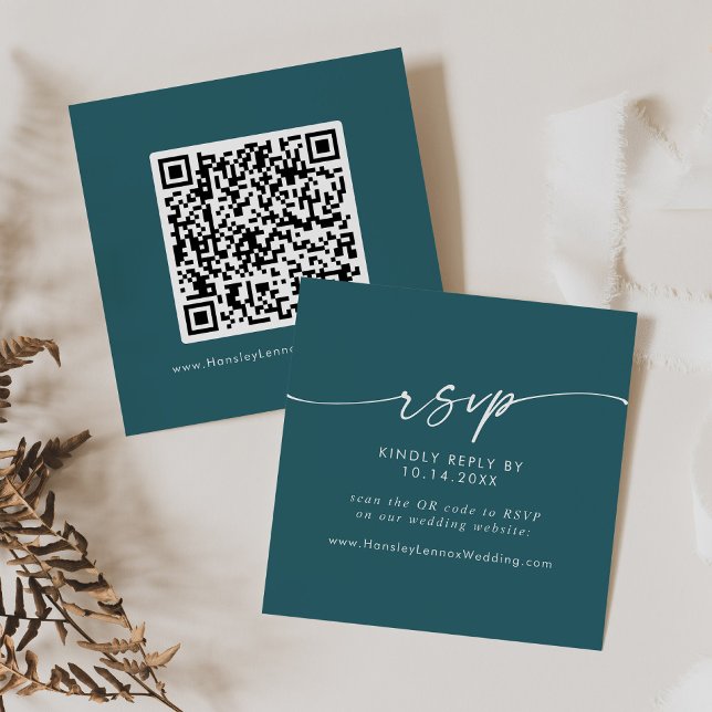 Boho Chic Teal Blue Wedding QR Code RSVP Enclosure Card (Creator Uploaded)