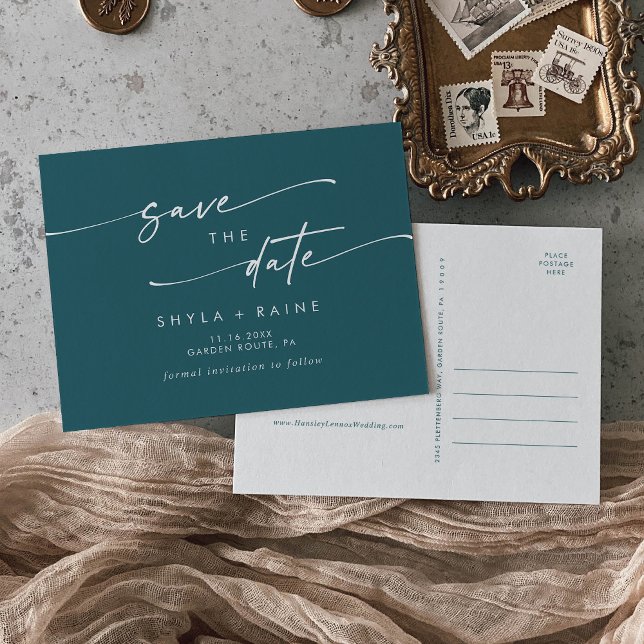 Boho Chic Teal Blue Wedding Save the Date Invitation Postcard (Creator Uploaded)