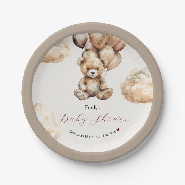 Boho Chic Teddy Bear Balloons Clouds Baby Shower Paper Plate (Front)
