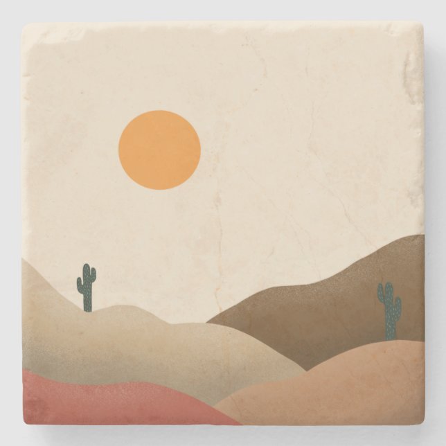 Boho Chic Terracotta Desert Cactus Monogram Stone Coaster (Front)