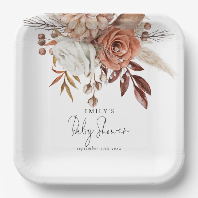 Boho Chic Terracotta Floral Name Baby Shower Paper Plate (Front)