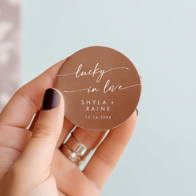 Boho Chic Terracotta Lucky In Love Favour Classic Round Sticker (Boho Chic Terracotta Lucky In Love Favor Classic Round Sticker)