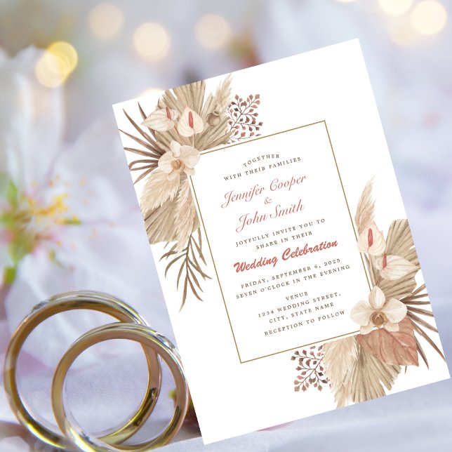 Boho Chic Terracotta Pampas Grass Orchid Wedding  Invitation (Creator Uploaded)