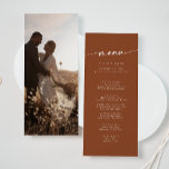 Boho Chic Terracotta Photo Wedding Menu<br><div class="desc">This boho chic terracotta photo wedding menu card is perfect for a minimalist wedding. The earthy burnt orange modern bohemian design features simple rustic calligraphy with a unique yet classic style. Personalise the back of your menu with your favourite engagement picture. This menu can be used for a wedding reception,...</div>