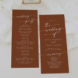 Boho Chic Terracotta Tea Length Wedding Programme<br><div class="desc">This boho chic terracotta tea length wedding program is perfect for a minimalist wedding ceremony. The earthy burnt orange modern bohemian design features simple rustic calligraphy with a unique yet classic style. Personalise your wedding program with you names, wedding date, location, order of service, wedding party and optional in loving...</div>