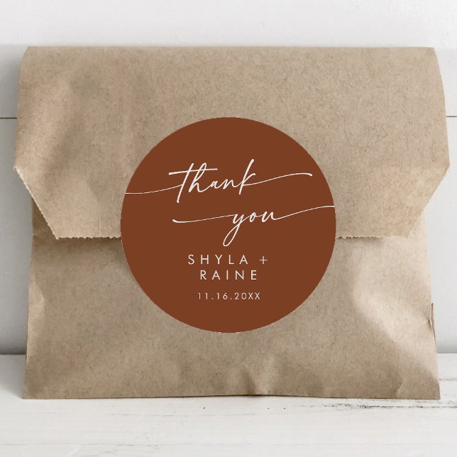 Boho Chic Terracotta Thank You Wedding Favour Classic Round Sticker (Creator Uploaded)