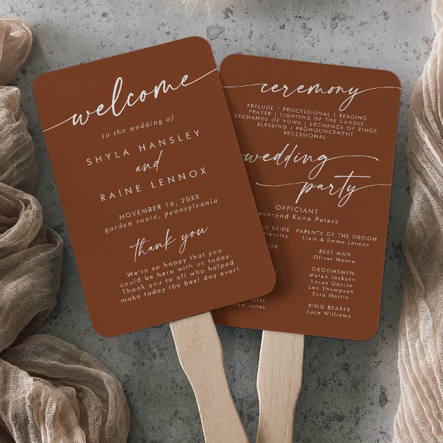 Boho Chic Terracotta Wedding Program Hand Fan (Creator Uploaded)