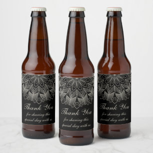 Boho Chic Thank You Mandala Indian Black Wedding Beer Bottle Label