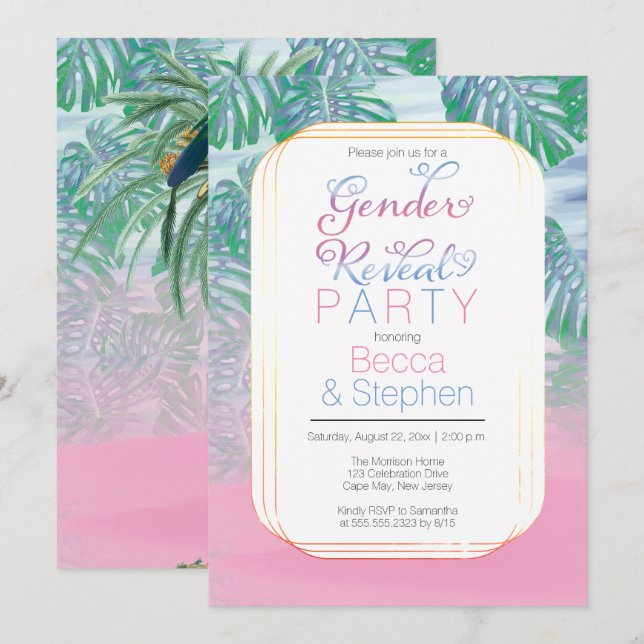 Boho Chic Tropical Beach Watercolor Gender Reveal Invitation (Front/Back)