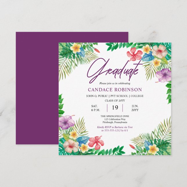 Boho Chic Tropical Hibiscus Graduation Party  Invitation (Front/Back)
