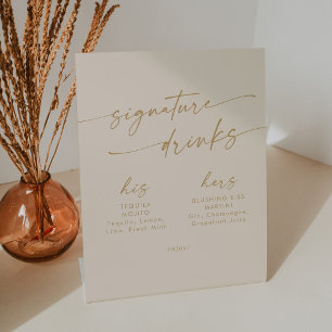 Boho Chic Vintage Gold Wedding Signature Drinks Pedestal Sign