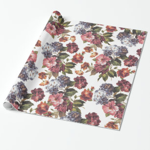 Boho chic vintage pink blue orange roses flowers wrapping paper