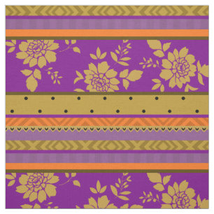 Boho Chic Violet Mustard Yellow Floral Stripes Fabric