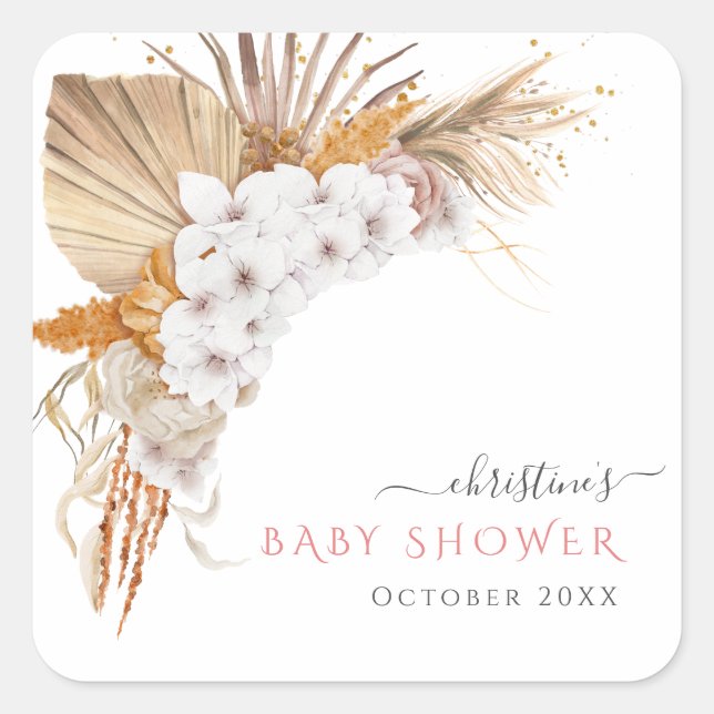 Boho Chic Watercolor Floral Baby Shower Square Sticker (Front)