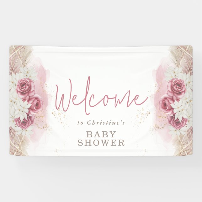 Boho Chic Watercolor Floral Baby Shower Welcome Banner (Horizontal)