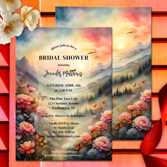 Boho Chic Watercolor Floral Bridal Shower  Invitation (Bridal shower invite showing a romantic watercolor landscape with colorful flowers and butterflies)