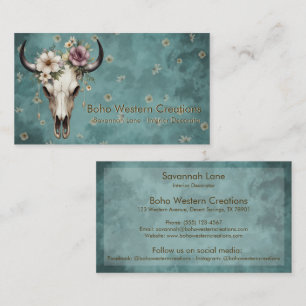 Boho Chic Watercolor Floral Cow Skull  Business Card