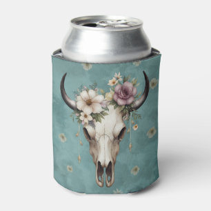 Boho Chic Watercolor Floral Cow Skull Can Cooler