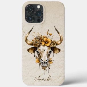 Boho Chic Watercolor Floral Cow Skull iPhone 13 Pro Max Case