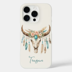 Boho Chic Watercolor Floral Cow Skull iPhone 16 Pro Case