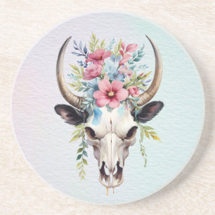 Boho Chic Watercolor Floral Cow Skull Coaster