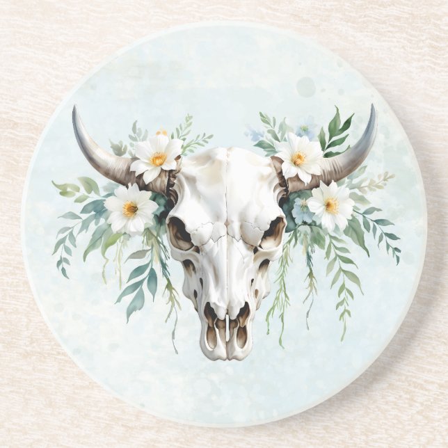 Boho Chic Watercolor Floral Cow Skull  Coaster (Front)
