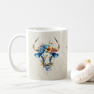 Boho Chic Watercolor Floral Cow Skull  Coffee Mug