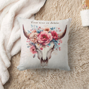 Boho Chic Watercolor Floral Cow Skull  Cushion