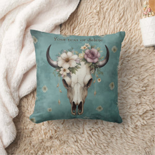 Boho Chic Watercolor Floral Cow Skull Cushion